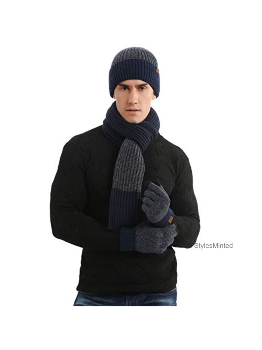 Mens Knit Beanie Scarf Gloves Set Fleece Lined Wool Winter Hat Touch Screen